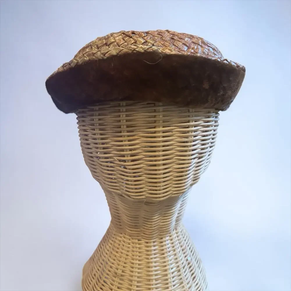 40s Brown Velvet Trim Woven Straw Tilt Hat Cocktail Fascinator Size 22